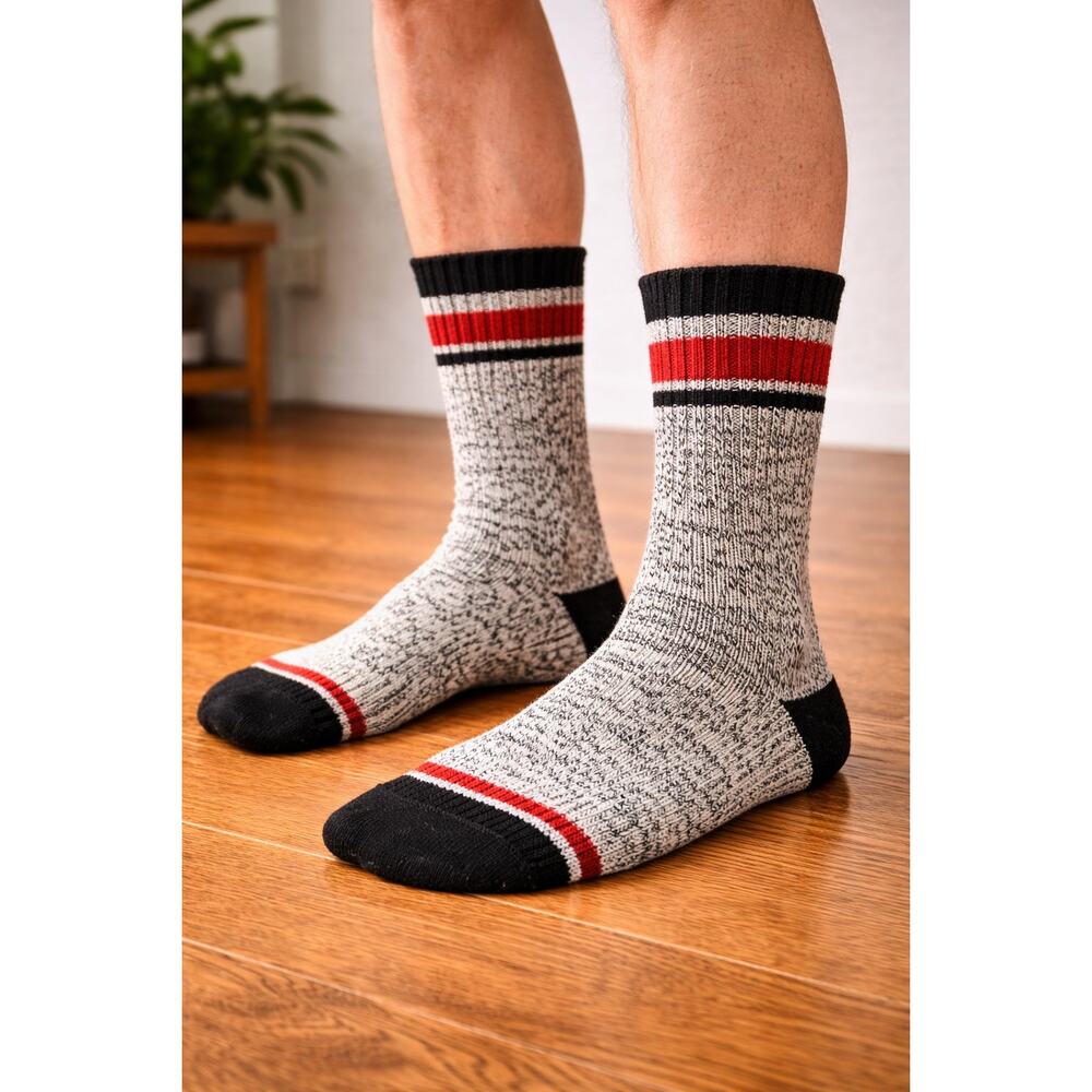 Men’s Cotton Blend Crew Socks 2 Pair All Weather Gray Red Size 10-13